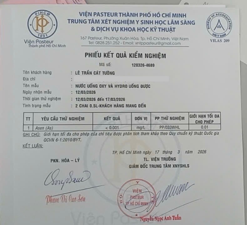Phiếu Kết Quả Kiểm Nghiệm — Viện Pasteur TP.HCM · Nước uống Oxy và Hydro · Asen < 0.001 mg/L · QCVN 6-1:2010/BYT