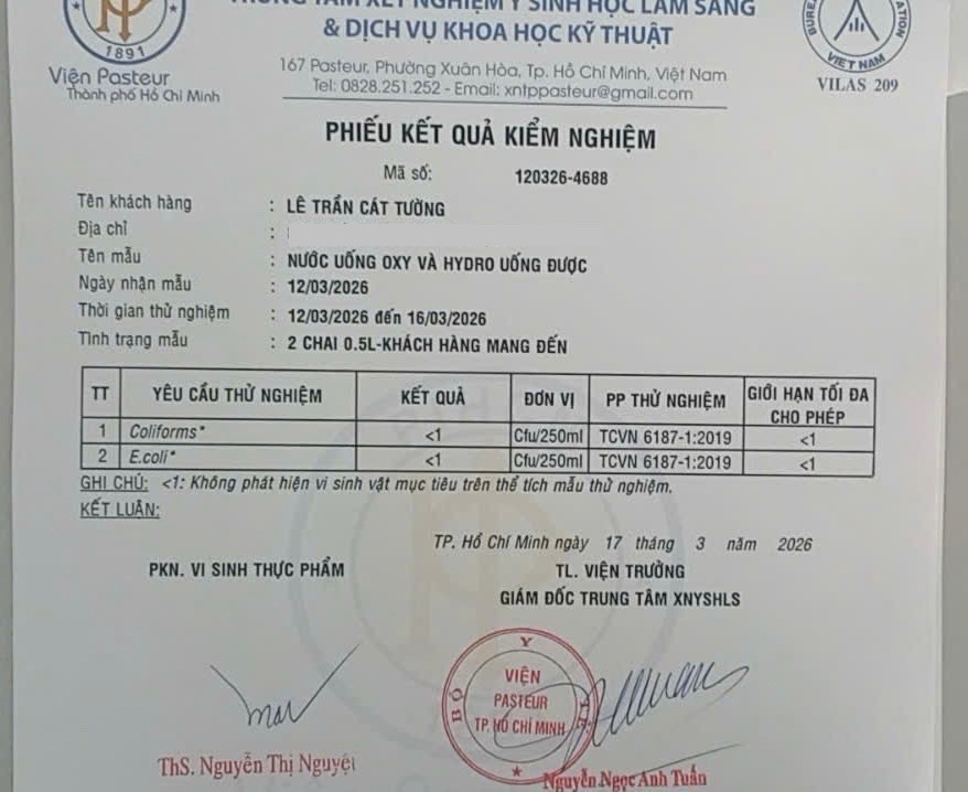 Phiếu Kết Quả Kiểm Nghiệm — Viện Pasteur TP.HCM · Nước uống Oxy và Hydro · Coliforms <1, E.coli <1 · TCVN 6187-1:2019