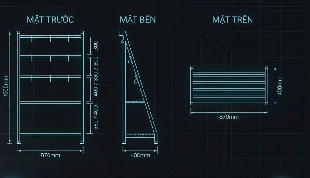 Triangle Rack — Mặt trước / Mặt bên / Mặt trên — 1600 × 870 × 400 mm